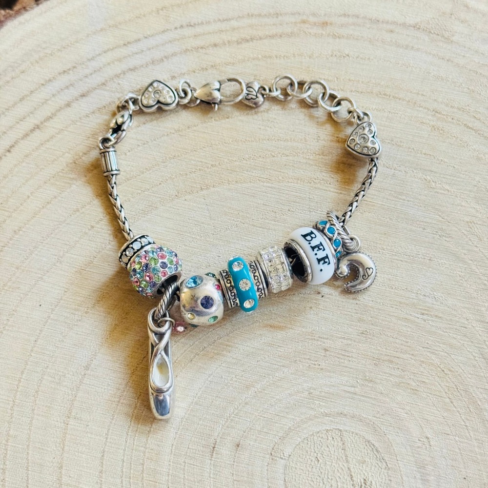 Brighton charm rope chain blue Bracelet Signed BFF Ballet crystal 7 charms 7"‎